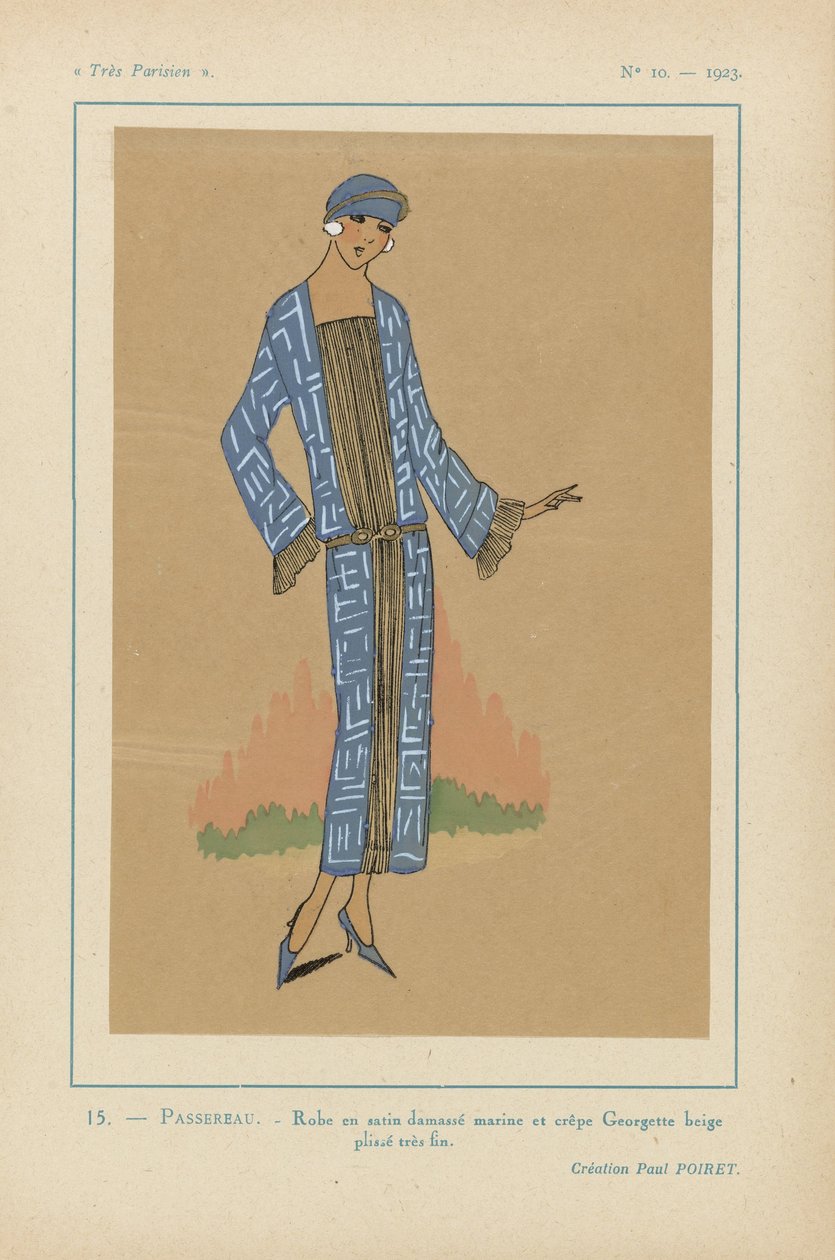 Hyvin pariisilainen, 1923, nro 10: 15.- PASSEREAU. - Damaskin satiininen mekko... tekijältä Anonymous