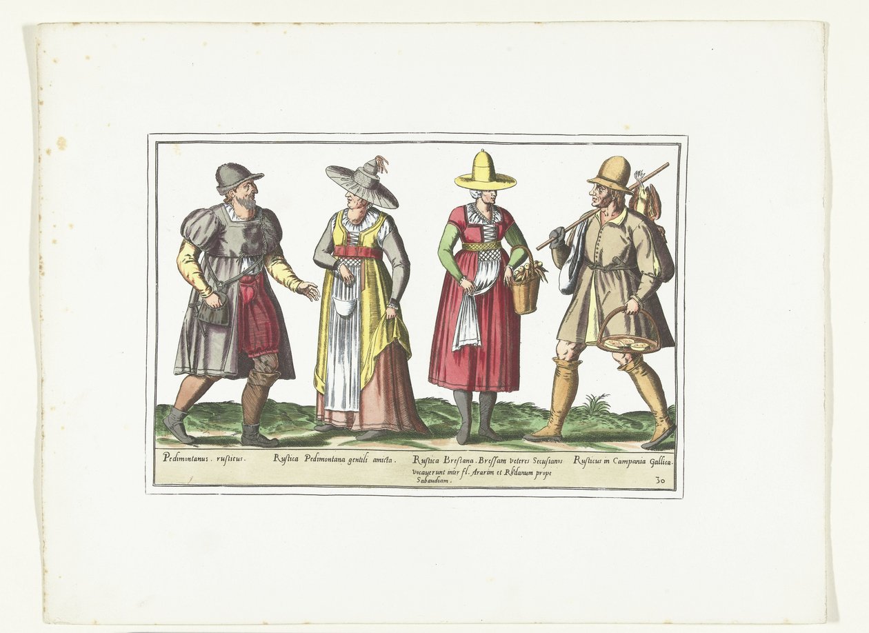 Kaksi talonpoikaa ja kaksi talonpoikanaista italialaiseen muotiin pukeutuneita, n. 1580 Costumes Italiens (otsikko esineessä) tekijältä Anonymous