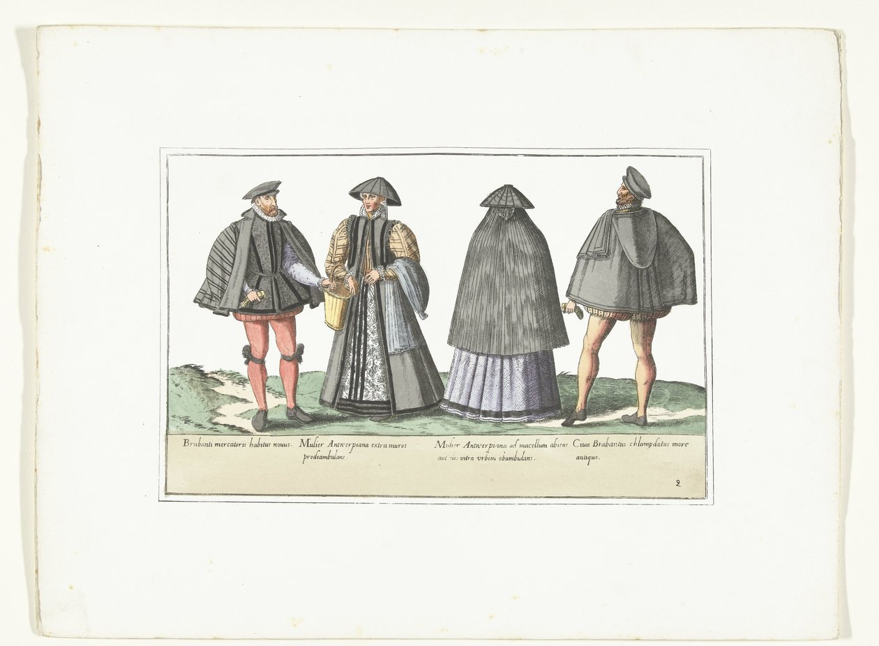Kaksi miestä ja kaksi naista pukeutuneena muodin mukaan Antwerpenissä ja Brabantissa, n. 1580 Costumes civils des Pays-Bas (nimi esineessä) tekijältä Anonymous