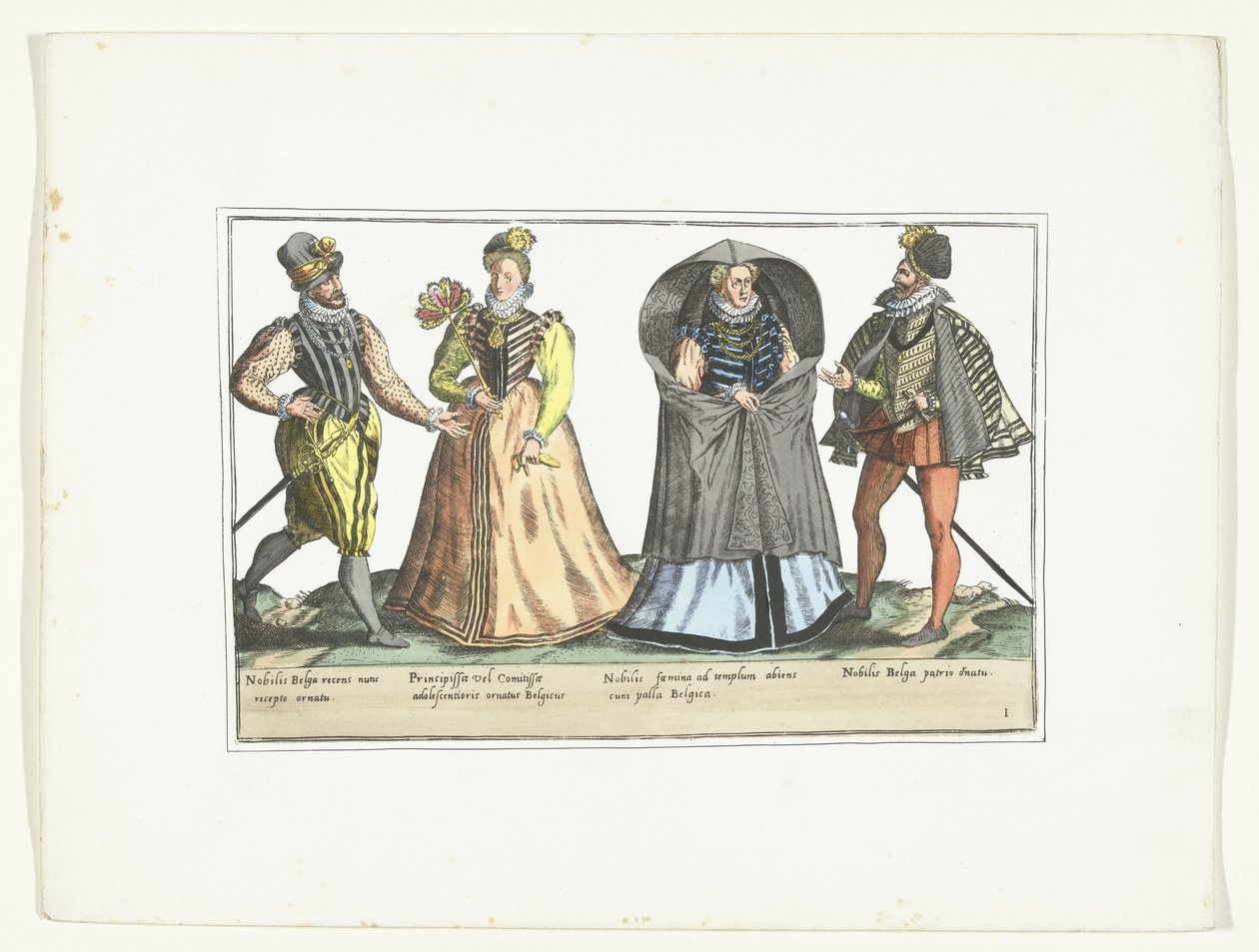 Kaksi miestä ja kaksi naista pukeutuneena muotiin Hollannissa, n. 1580 Costumes civils des Pays-Bas (nimi esineessä) tekijältä Anonymous