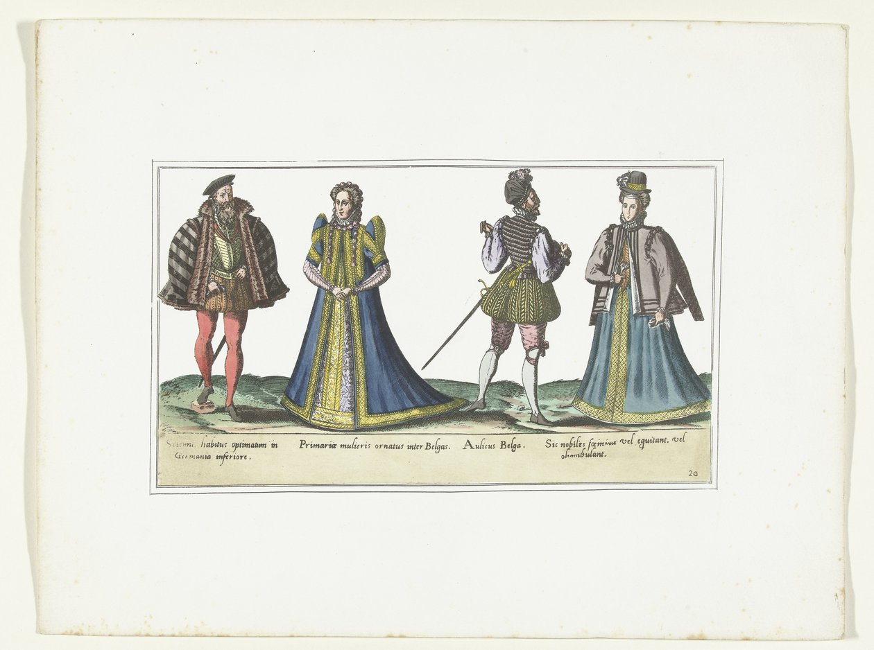 Kaksi naista ja kaksi miestä pukeutuneena muodin mukaan Nordrhein-Westfalenissa ja Flanderissa, n. 1580 Puvut Bas-Allemands et Flamands (nimi esineessä) tekijältä Anonymous