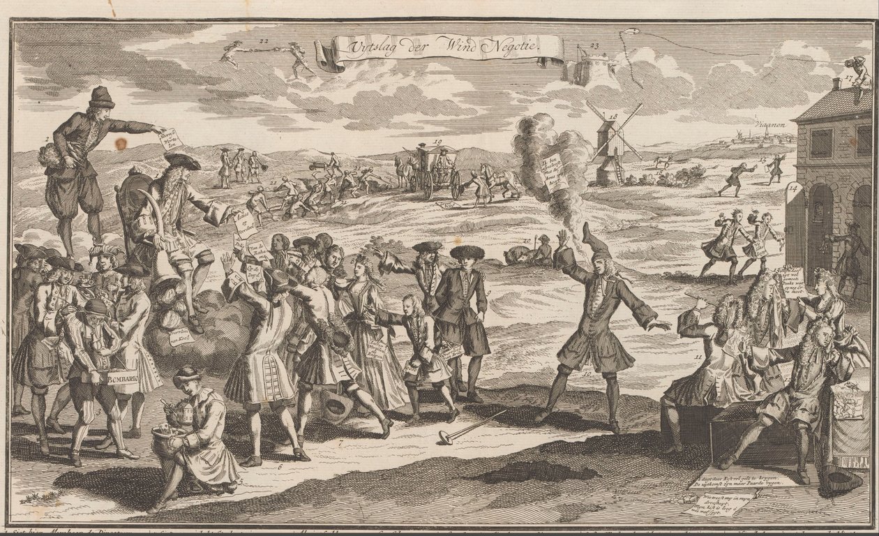 Tuulikaupan tulos, 1720 Uytslag der Wind Negotie (otsikko esineessä) The Great Scene of Folly (sarjan nimi) tekijältä Anonymous