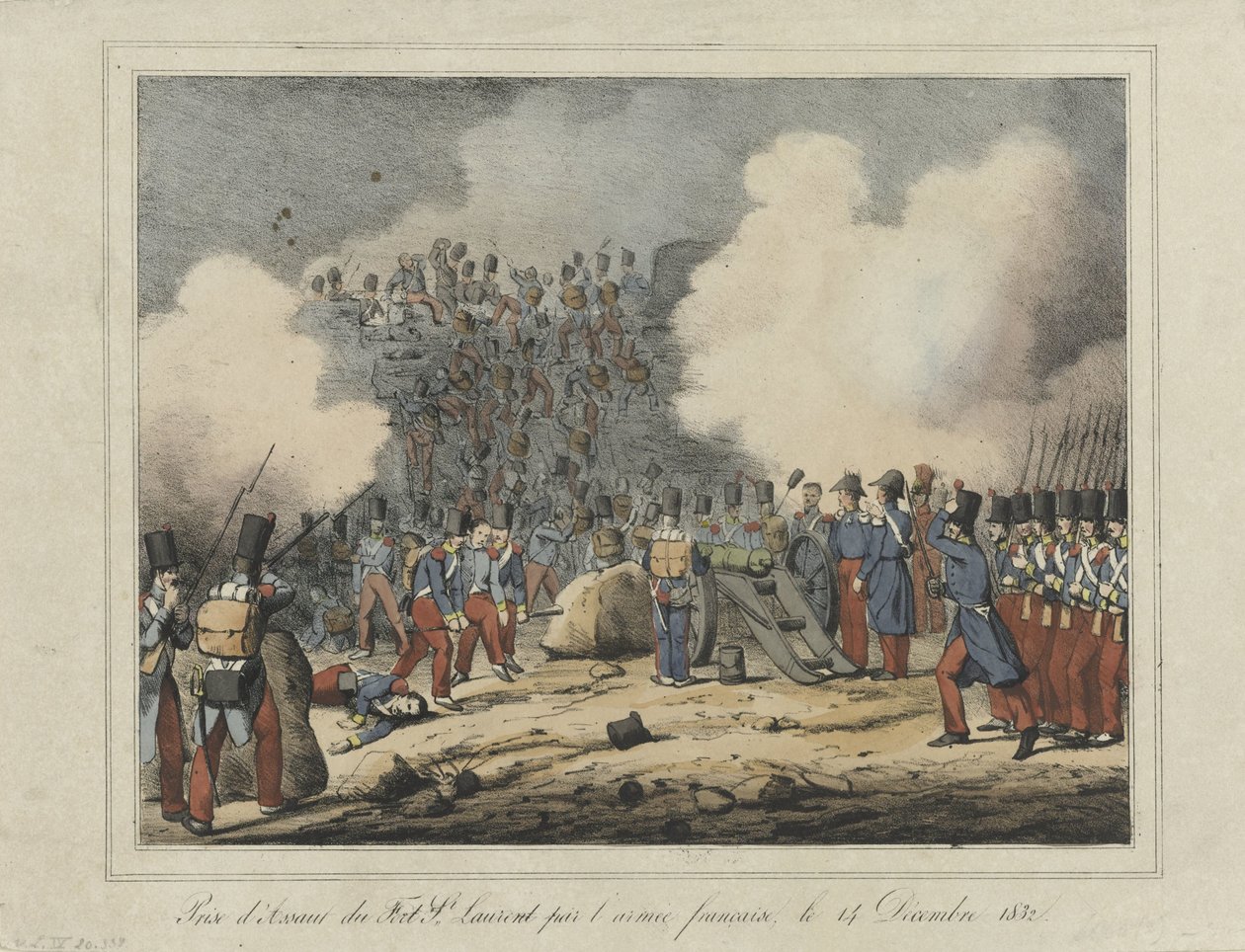 Verovering van de Lunet van Saint-Laurent, 1832 Ranskan armeija hyökkäsi Fort St. Laurentiin 14. joulukuuta 1832 (otsikko esineessä) tekijältä Anonymous