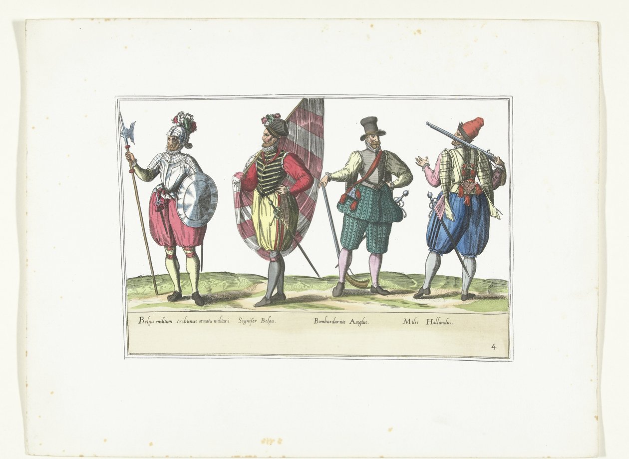 Neljä sotilasta univormuissa Hollannin ja Englannin muodin mukaan, n. 1580 Armeijan des Pays-Bas -asut (nimi esineessä) tekijältä Anonymous