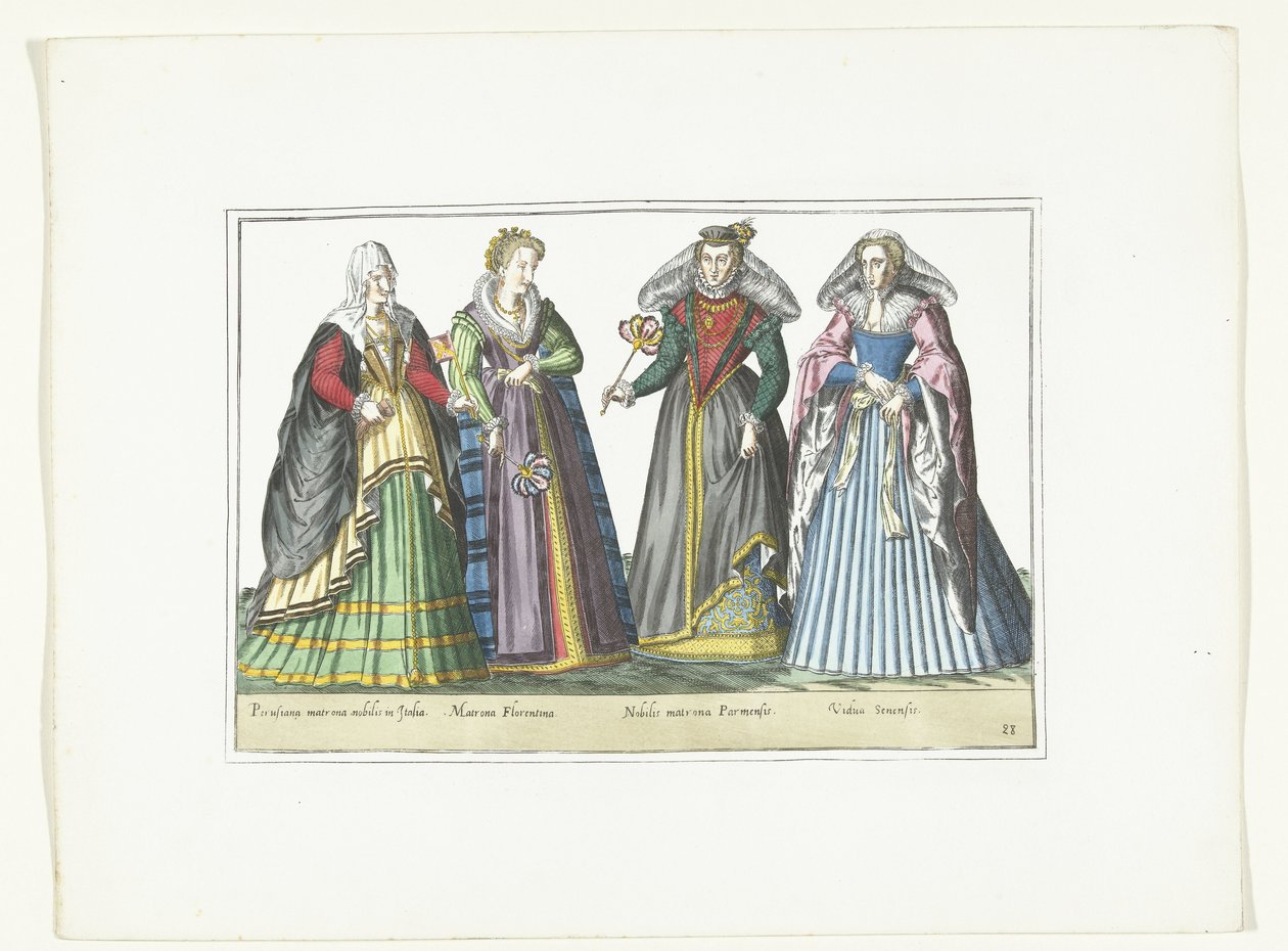 Quatre dones vestides a la moda italiana, cap al 1580 Costumes Italiens (títol a l
