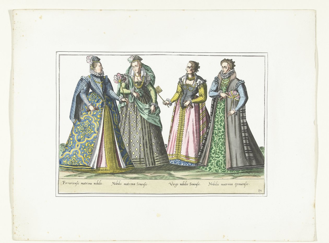 Neljä italialaiseen muotiin pukeutunutta naista, n. 1580 Costumes Italiens (otsikko esineessä) tekijältä Anonymous