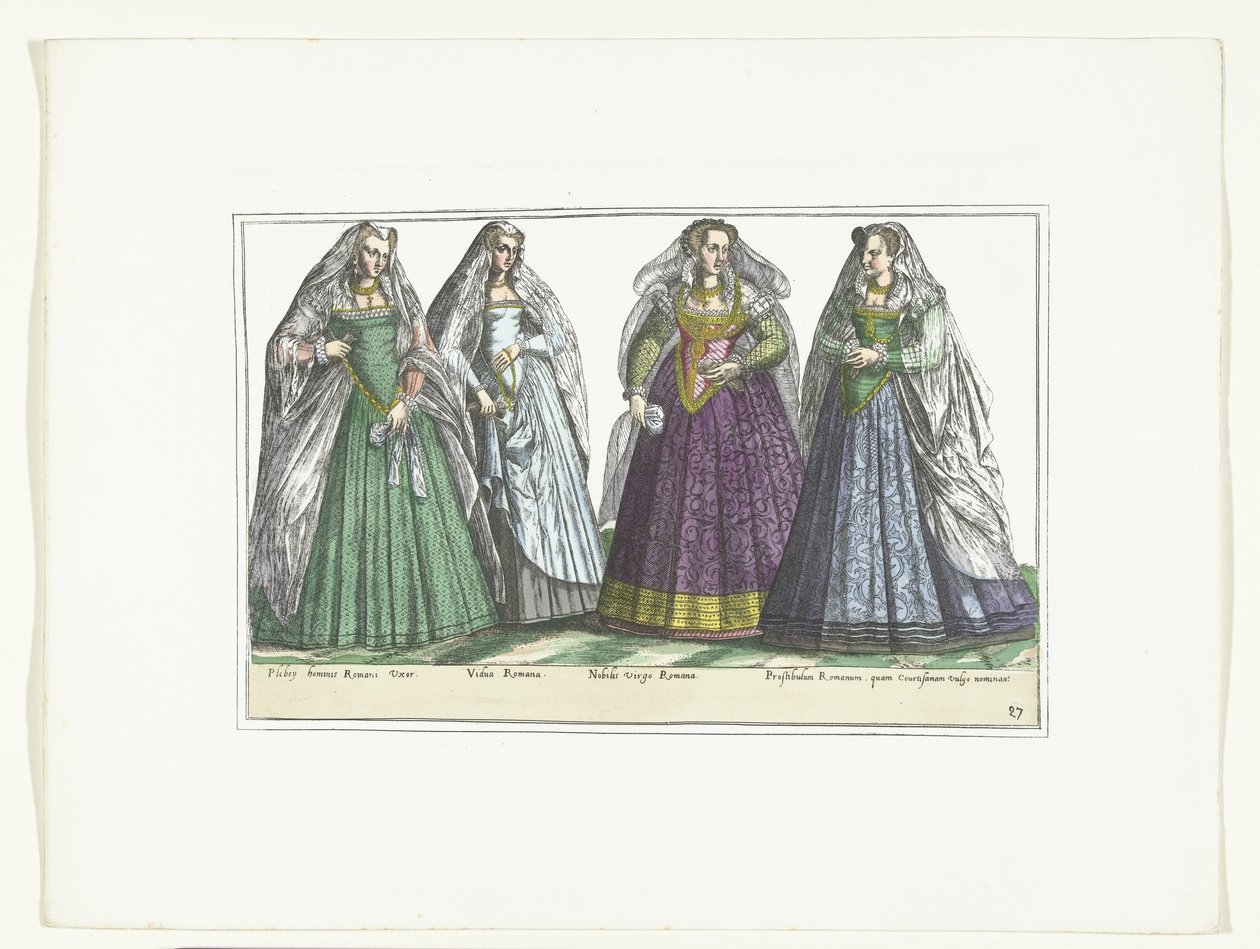 Neljä roomalaiseen muotiin pukeutunutta naista, noin 1580 Costumes Italiens (otsikko esineessä) tekijältä Anonymous
