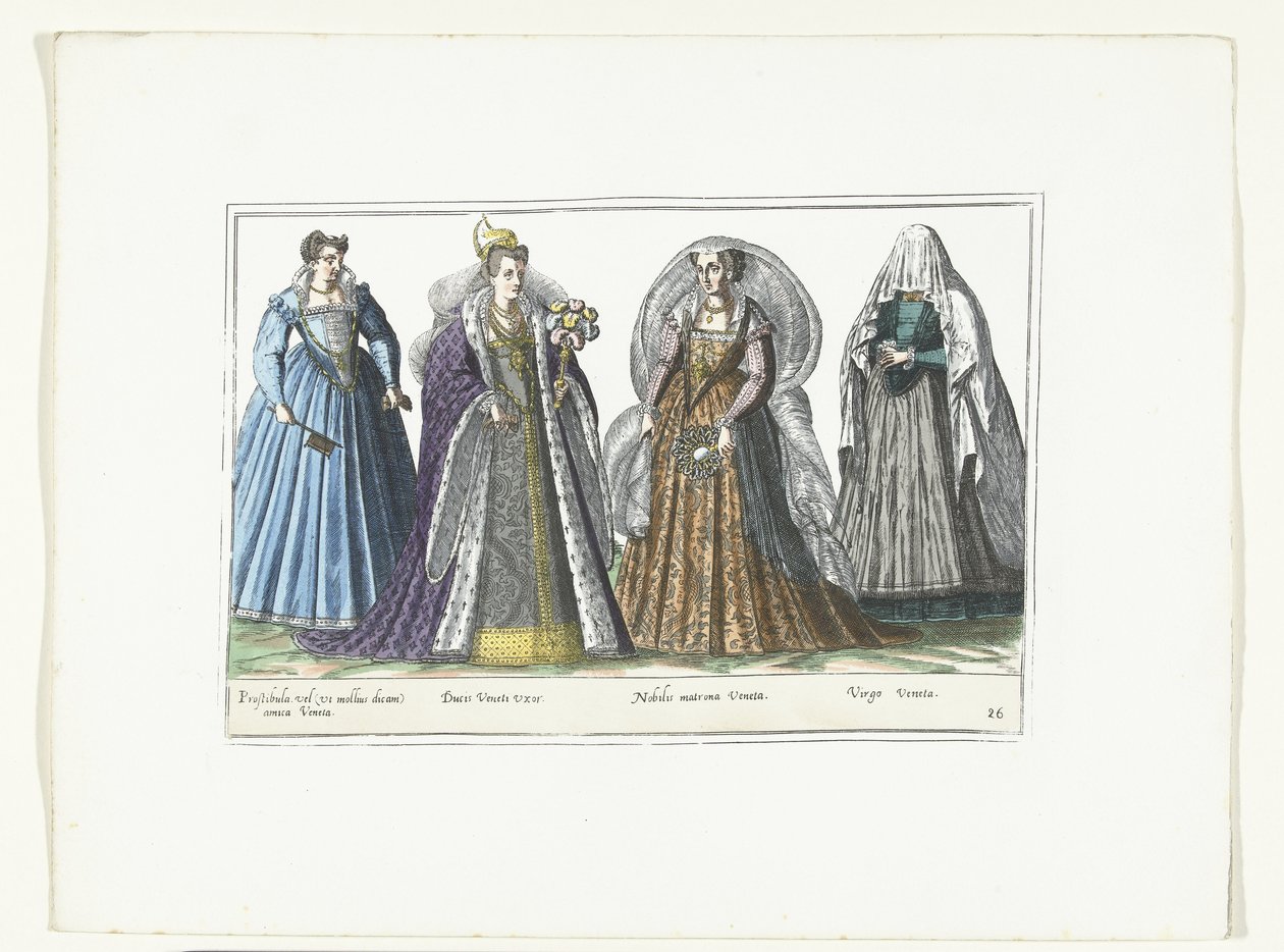Neljä venetsialaiseen muotiin pukeutunutta naista, n. 1580 Costumes Italiens (otsikko esineessä) tekijältä Anonymous
