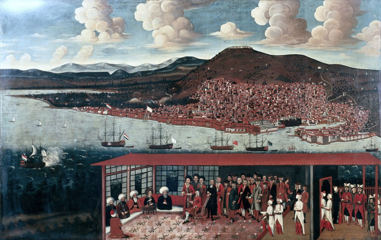 Näkymä Smyrnasta (Izmir) ja konsuli de Hochepiedille (1657-1723) annetusta vastaanotosta neuvoston salissa tekijältä Anonymous