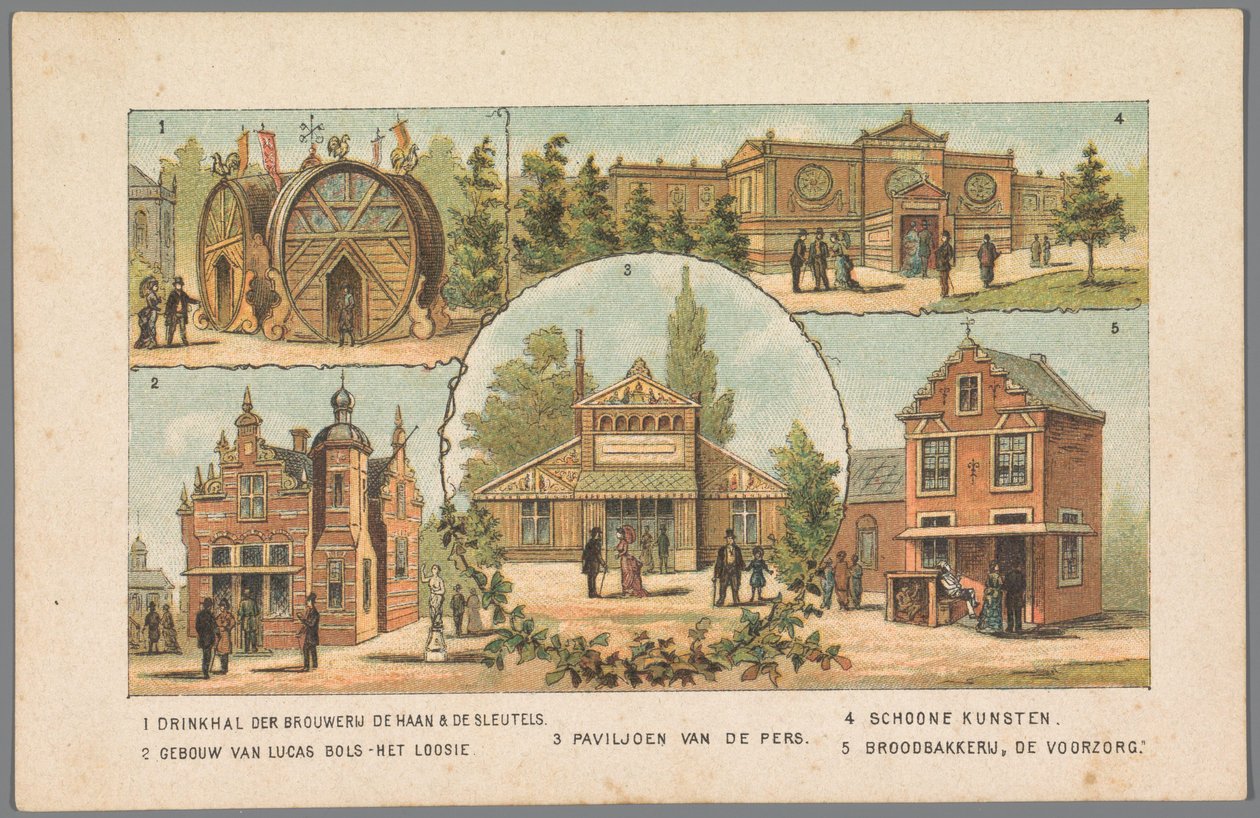 Viisi paviljonkia Amsterdamin maailmannäyttelyssä 1883 1 De Haan & De Sleutels -panimon juomahalli. 2 Lucas Bolsin rakennus - Het Loosie. 3 Lehdistöpaviljonki. 4 Kuvataide. 5 Leipä leipomo De Voorzorg. (otsikko esineessä) Muistutus aa tekijältä Anonymous