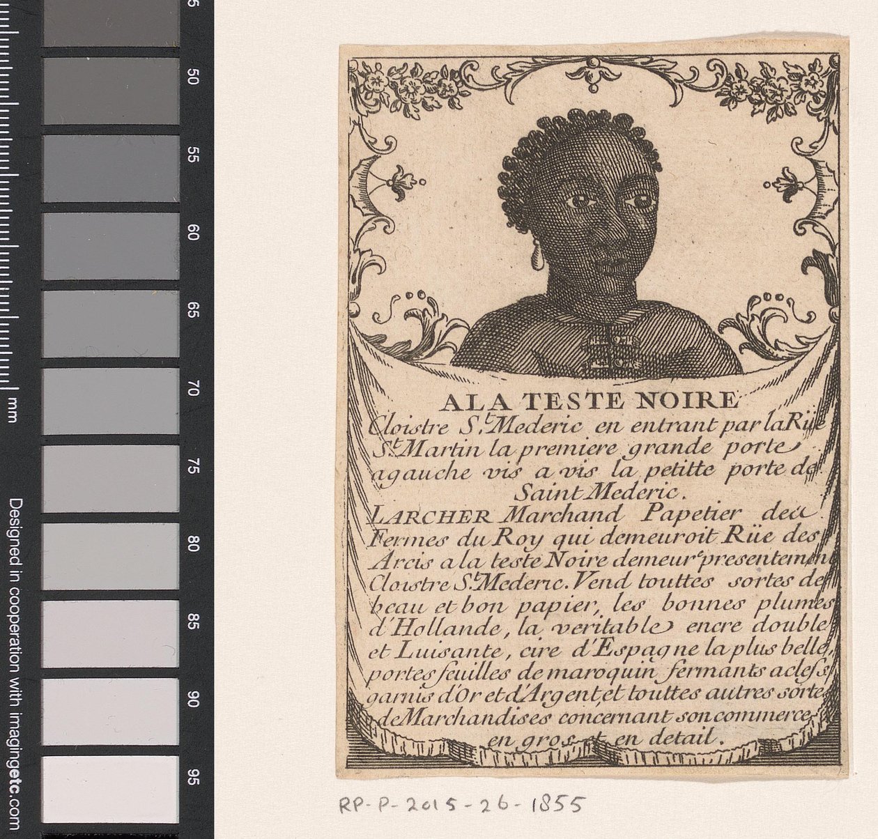 Pariisin paperitavaraliikkeen Larcherin käyntikortti A la teste noir (otsikko esineessä) tekijältä Anonymous