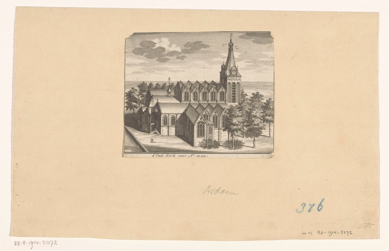 Lintuperspektiivistä Oude Kerk Amsterdamissa, ennen vuotta 1544 d