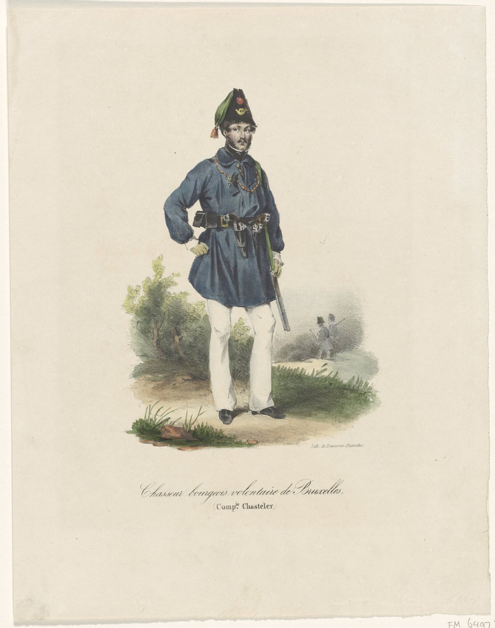 Vapaaehtoinen metsästäjä Brysselistä, 1830 Chasseurs bourgeois volontaire de Bruxelles, (Comp.ie Chasteler) (otsikko esineessä) tekijältä Anonymous