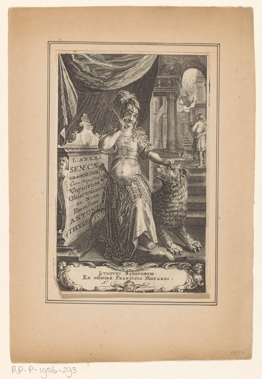Vrouw tapasi leeuw Sivun otsikko: Lucius Annaeus Seneca ja Antonius Thysius, L. Annaei Senecae tragoediae, 1651 tekijältä Anonymous