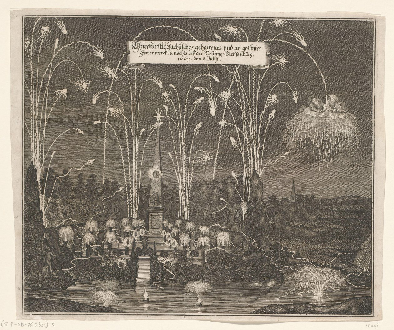 Ilotulitus lähellä Pleißenburgia, 8. heinäkuuta 1667 Churfürstl: Sachsisches gehaltenes und an gezentes Vähemmän werck zu nachts beij linnoitus Pleissenburg, 1667, 8. heinäkuuta (otsikko esineessä) tekijältä Anonymous
