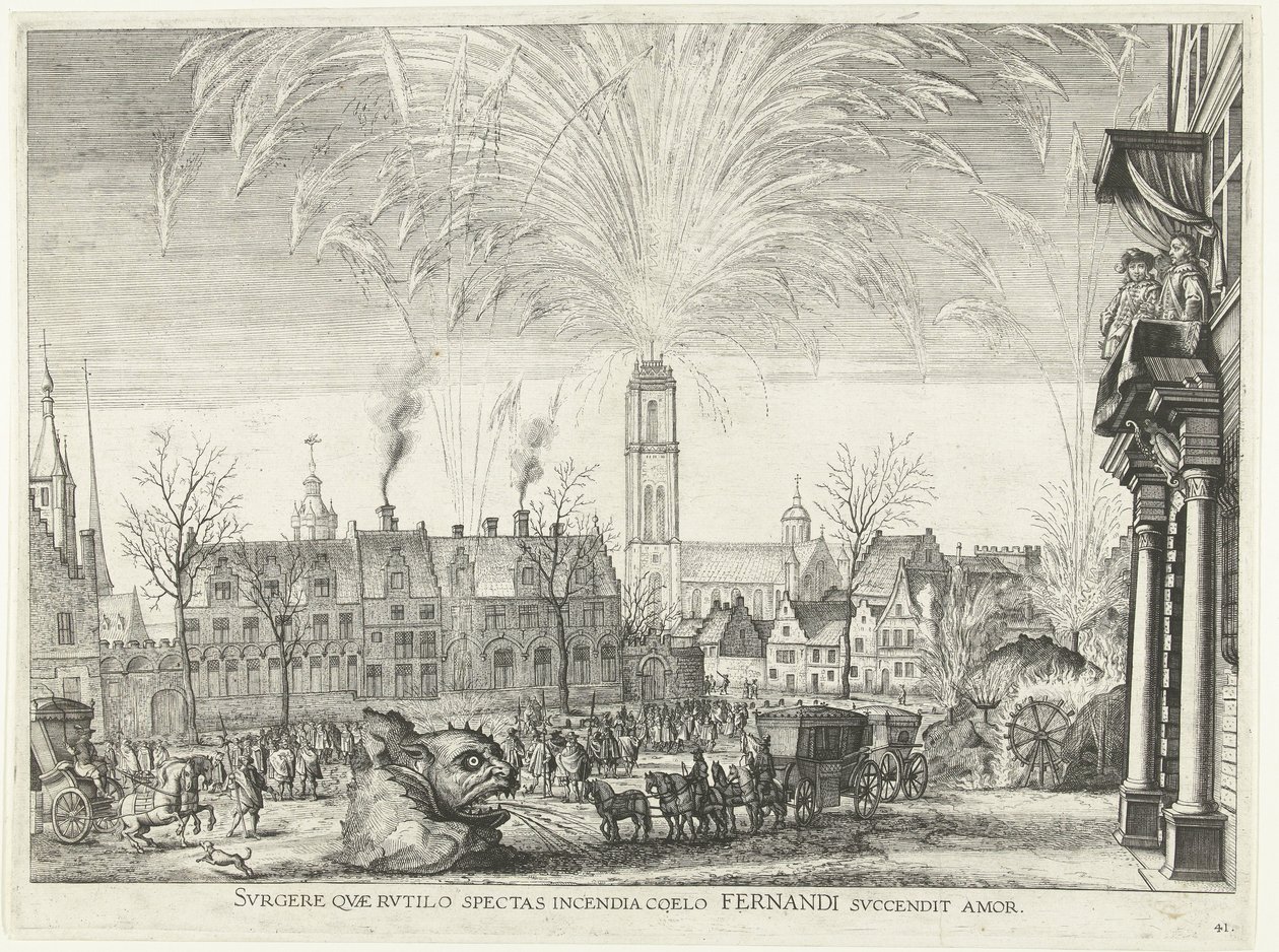 Vuurwerk; intocht van Ferdinand te Gent vuonna 1635 (nro 41) Nouse ylös, jota katsot palavaa tulta taivaalla, Fernandin rakkaus sytyttää (otsikko esineessä) Kuva yöpaloista Hippodromissa ja tornissa tekijältä Anonymous