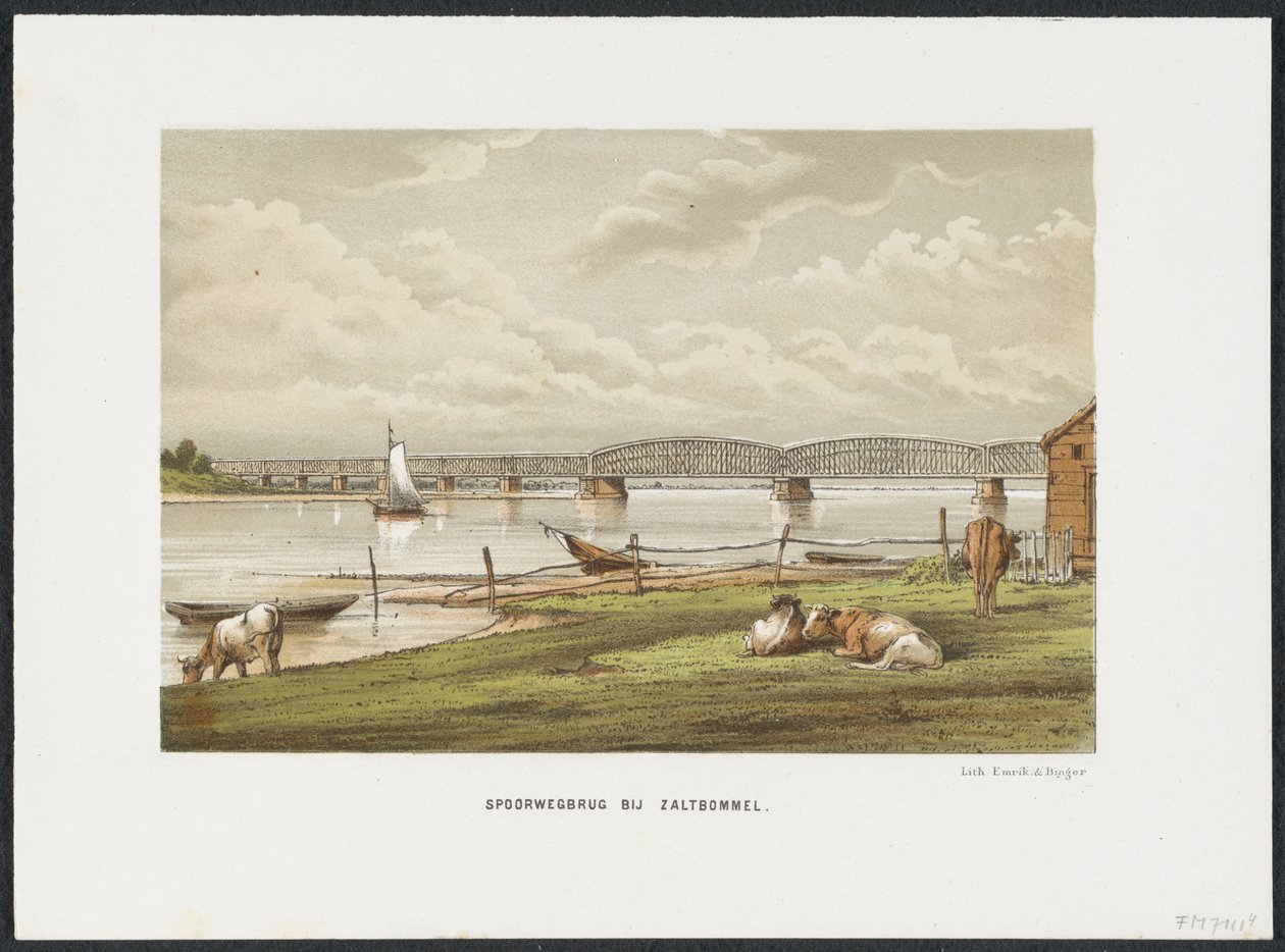 Waal-silta lähellä Zaltbommelia, 1869 Rautatiesilta Zaltbommelissa (otsikko esineessä) Päärautatiesillat Alankomaissa (sarjan nimi) tekijältä Anonymous