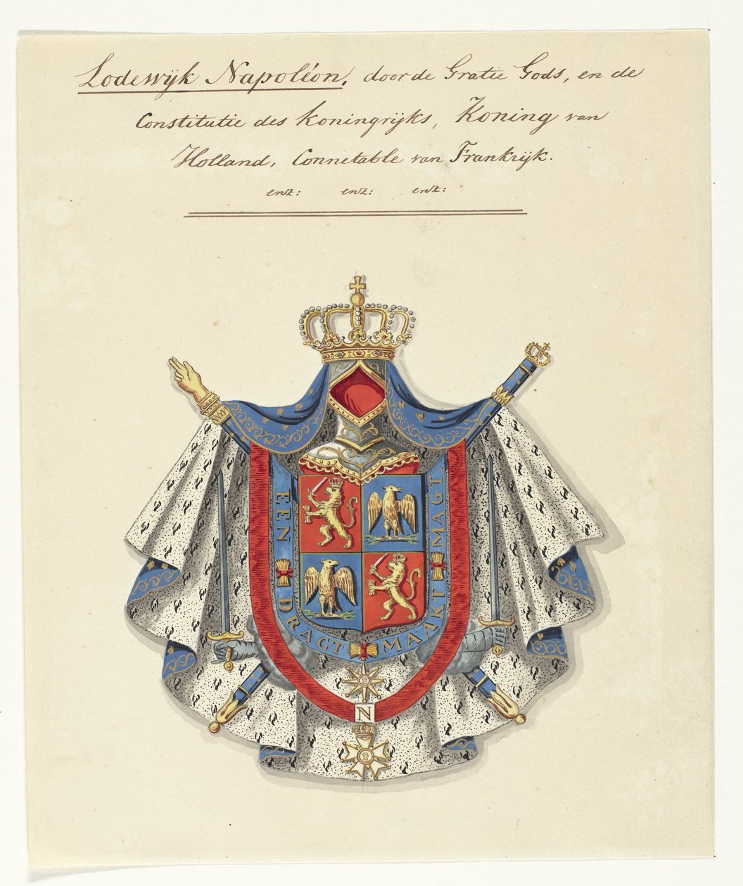 Hollannin kuninkaan Louis Napoleon Bonaparten vaakuna Louis Napoleon, Jumalan armosta ja kuningaskunnan perustuslaki, Hollannin kuningas, Ranskan yhdistettävä (otsikko esineessä) tekijältä Anonymous