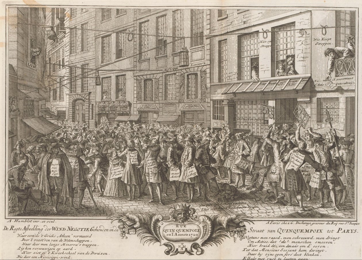 Tuulikauppa Rue Quinquempoixilla, 1720 De Regte Kuva Wind Negotie -tapahtumasta, joka pidettiin Quinquempoix