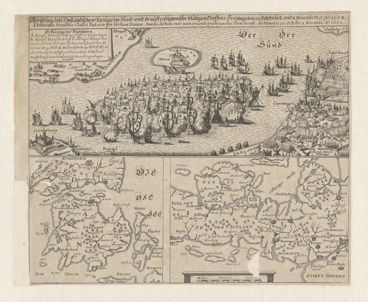 Zeeslag in de Sont, 1658 Kuva hollantilaisen puvun Sündtissä / ja erittäin verisiä kokouksia seurasi perjantaina 29. lokakuuta A. ja 8. marraskuuta. ... Ao. 1658 (otsikko esineessä) tekijältä Anonymous