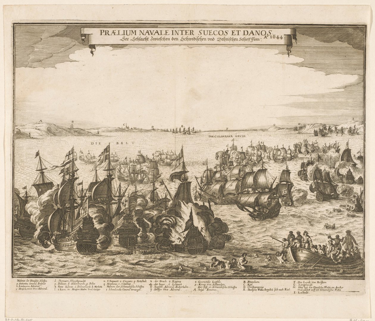 Meritaistelu Ruotsin ja Tanskan laivastojen välillä Beltissä, 1644 Praelium navale inter Suecos et Danos / Ao. 1644 / Katso Schlacht Zwieschen den Schwedischen und Dehnischen Schiefffflota (otsikko esineessä) tekijältä Anonymous
