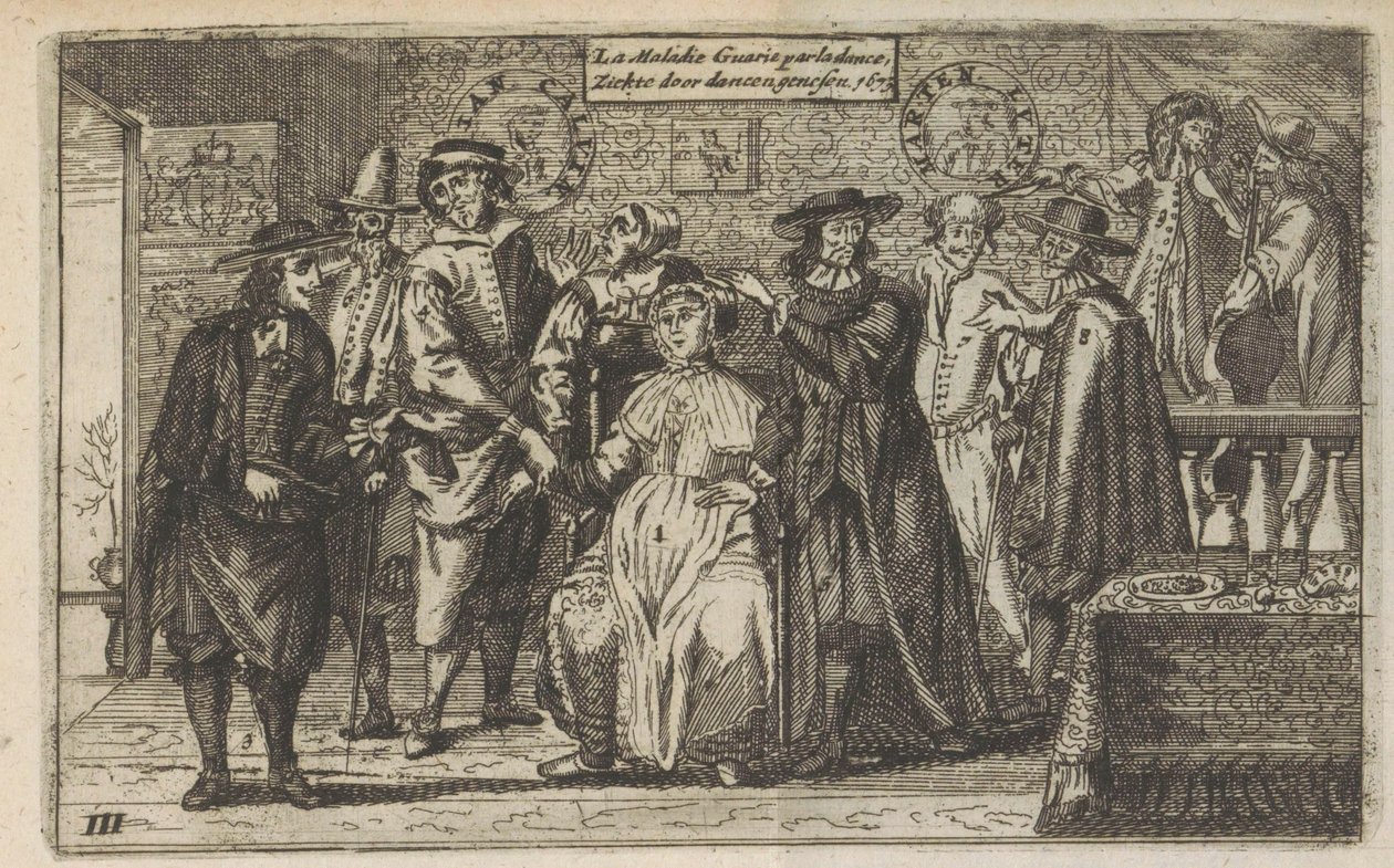 Taudin parantaminen tanssimalla, 1673 La Maladie Guarie par la dance / Taudin parantaminen tanssin avulla. 1673 (otsikko esineessä) tekijältä Anonymous