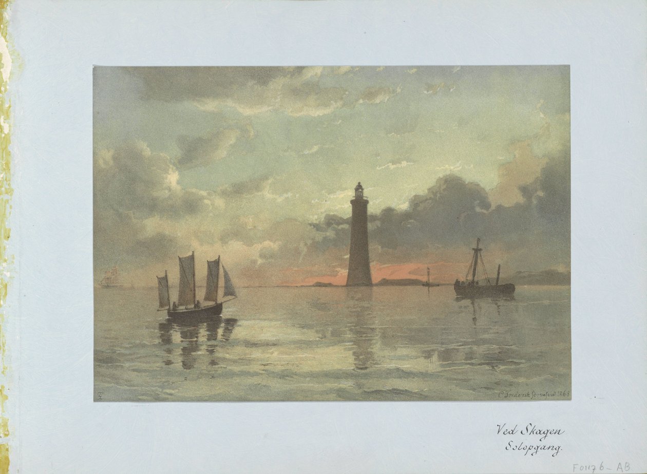 Auringonnousu C. Frederick Sörensenin maalauksen jälkeen Ved Skagen Solo -sisäänkäynti. (otsikko esineessä) tekijältä Anonymous