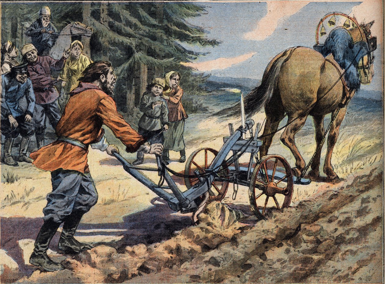 Venäläinen talonpoika kyntämässä peltoa auran avulla, jonka päälle laitetaan kynttilä. Conte de Easter -kaiverrus sanomalehdestä "" Le Petro Parisien"", 19.4.1908. Yksityinen kokoelma. tekijältä Anonymous Anonymous
