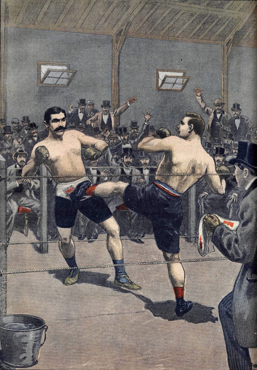 Nyrkkeilyhyökkäys: Ranskan mestarin Joseph Charlemontin (1839-1918) voitto Jerry Driscollia vastaan "savate" -tekniikalla" Le Petit Journalissa 1899 tekijältä Anonymous Anonymous