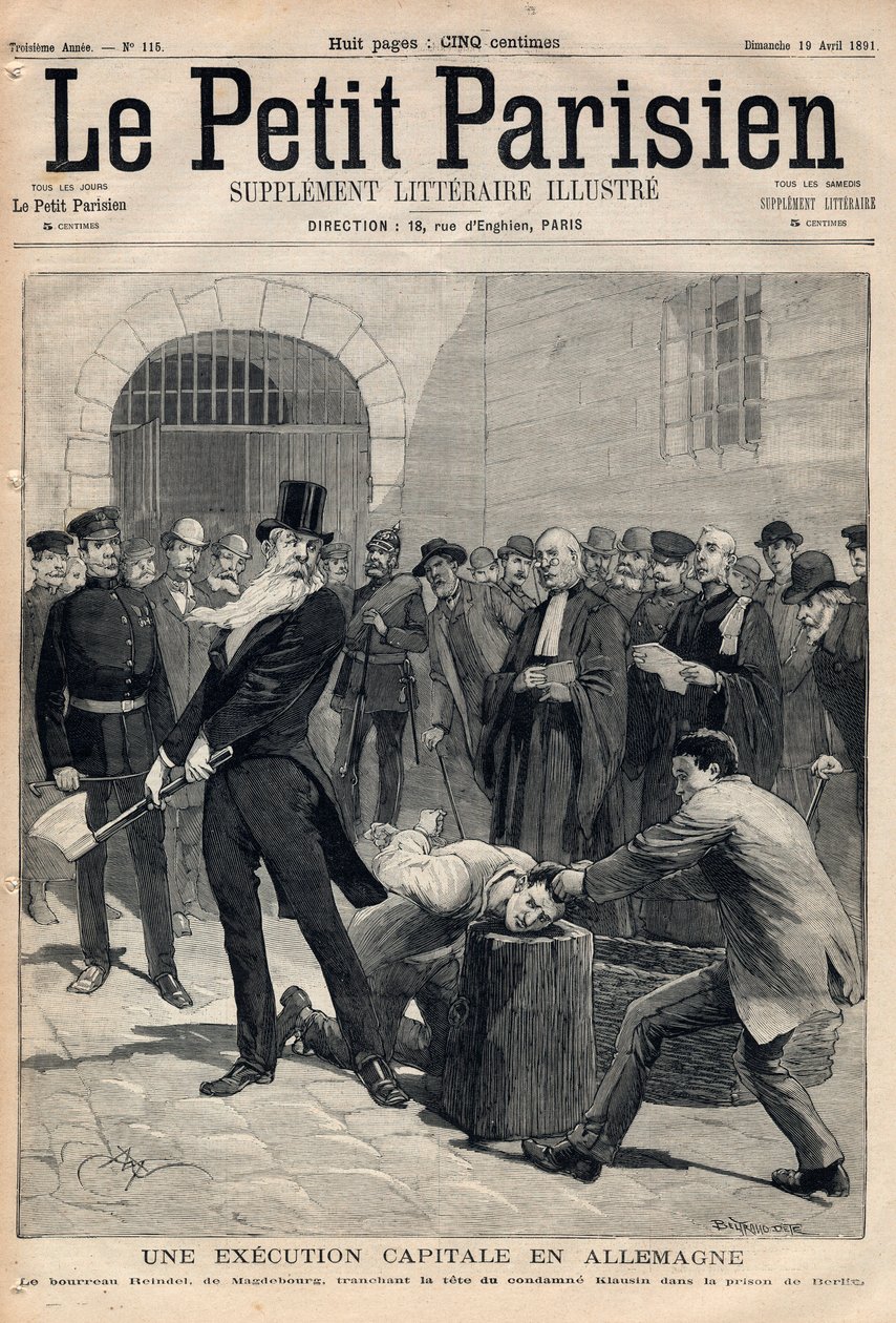 Pääoman teloitus Saksassa. Pyöveli Friedrich Reindel (1824-1908) Magdeburgista leikkaamassa tuomitun Klausinin pään Berliinin vankilassa. Kaiverrus "" Le petit Parisien"" 19-04-1891. Yksityinen kokoelma. tekijältä Anonymous Anonymous