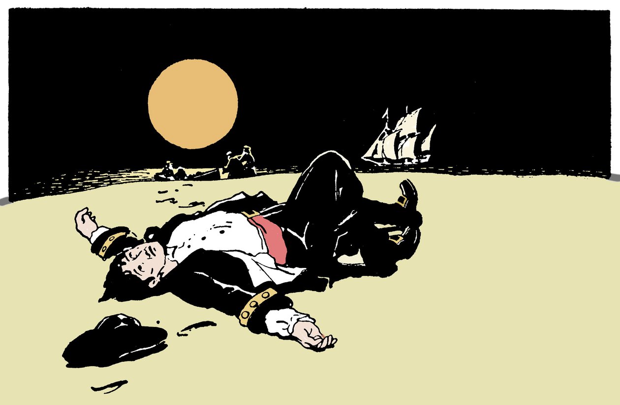 Merirosvojen tappama kapteeni hylätään saarella, merirosvolaiva siirtyy pois horisontissa Kuvitus teoksesta "The Boys Books of Pirates" 1913 tekijältä Anonymous Anonymous