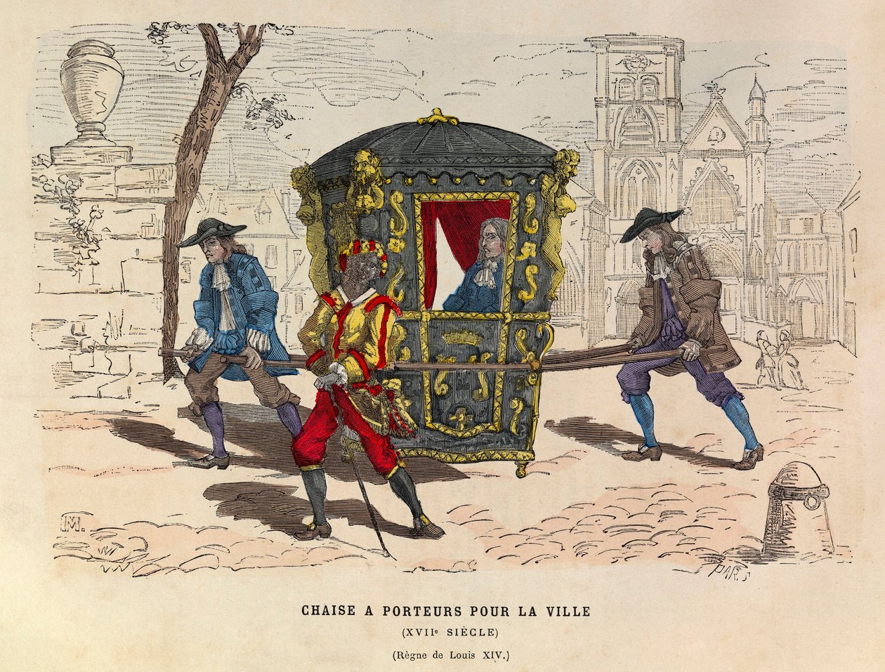 Tuoli käyttäjineen kaupungille kuningas Ludvig XIV:n alaisuudessa 1600-luvulla - Sedan-tuoli kaupunkikäyttöön, Ranskan kuninkaan Ludvig XIV:n hallituskausi 1600-luku - yksityinen kokoelma tekijältä Anonymous Anonymous