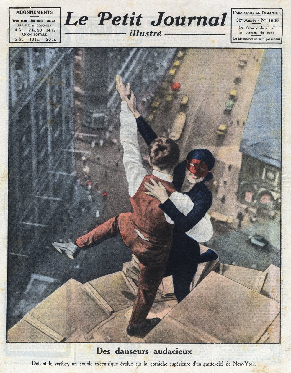 Pari äärimmäistä tanssijaa kehittyy pilvenpiirtäjän reunalla New Yorkissa. Kuva otettu 21.8.1921 ilmestyneestä "Le petit journal illustrésta". Yksityinen kokoelma tekijältä Anonymous Anonymous