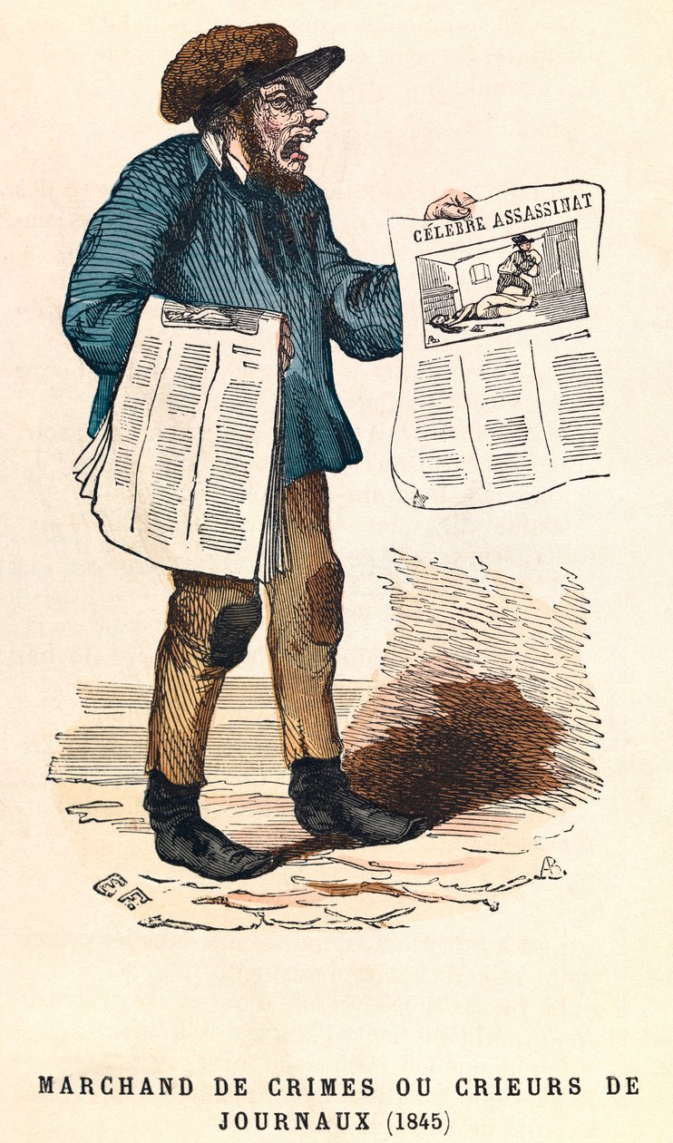 Sanomalehtien huutaja vuonna 1845, kaiverrus, yksityinen kokoelma - Sanomalehtimyyjä Pariisissa tekijältä Anonymous Anonymous