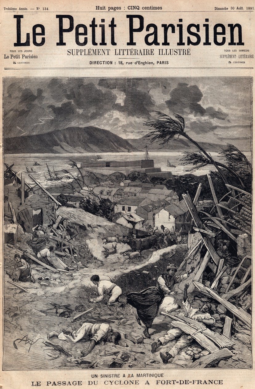 Katastrofi Martiniquella: hirmumyrskyn kulku Fort-de-Francessa (Fort de France) vuonna 1891. Kaiverrus "" Le petit Parisien"" elokuulta 1891. Yksityinen kokoelma. tekijältä Anonymous Anonymous
