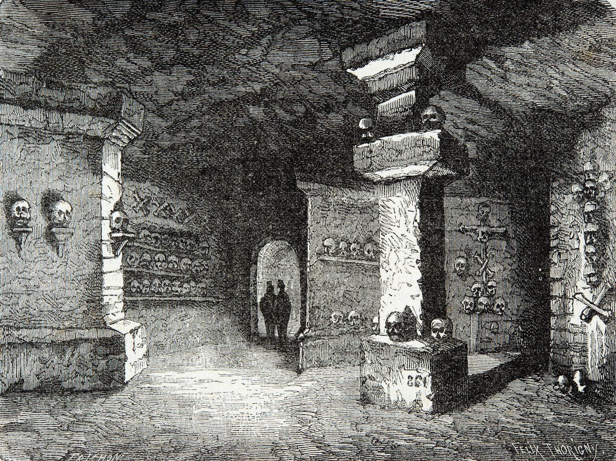 Katakombien galleria Pariisissa 1800-luvulla, kaiverrus, yksityinen kokoelma tekijältä Anonymous Anonymous