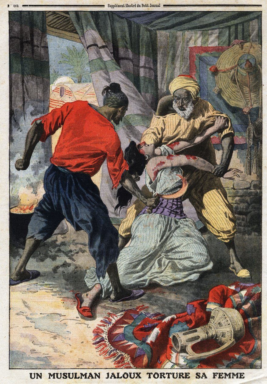 Mustasukkainen muslimi kidutti vaimoaan: naista hakattiin Konstantinuksen departementissa Algeriassa. Kaiverrus "" Le Petite Journalissa" 28.1.1912. Yksityinen kokoelma. tekijältä Anonymous Anonymous