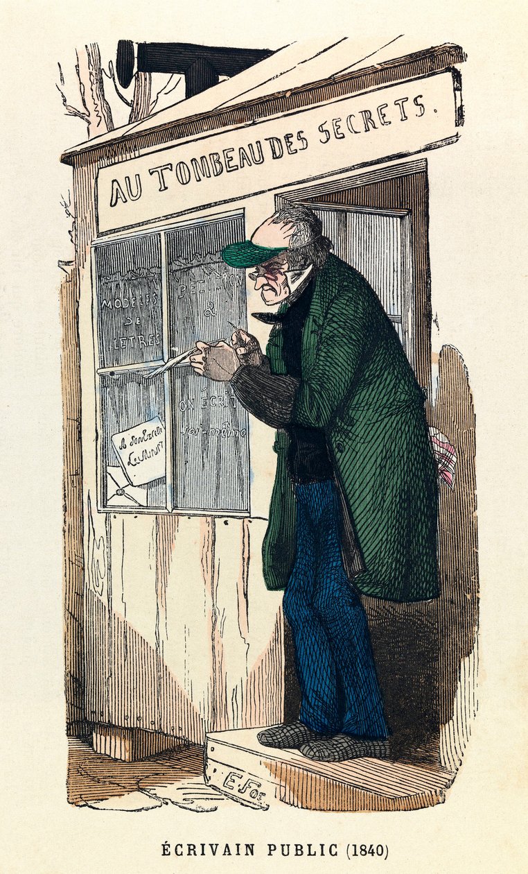 Julkinen kirjailija vuonna 1840 Pariisissa, kaiverrus, yksityinen kokoelma - Julkinen kirjailija Pariisissa tekijältä Anonymous Anonymous