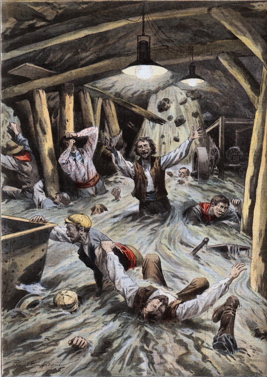 Joki tunkeutuu Loetschbergin tunneliin Sveitsissä rakentamisen aikana. Kaiverrus sanomalehdestä "" Le Peute Parisien", 8.9.1908. Yksityinen kokoelma. tekijältä Anonymous Anonymous