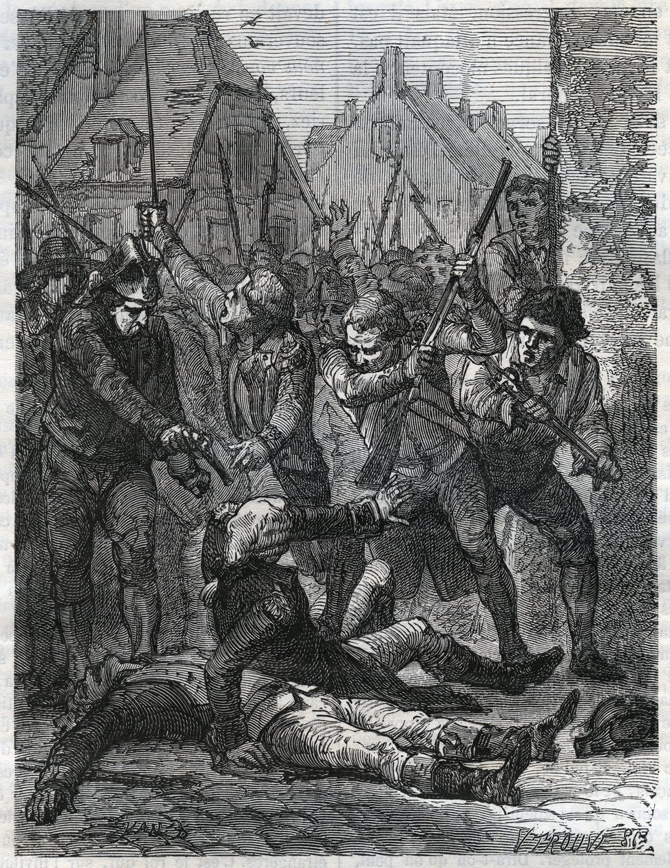 Kohtaus Ranskan vallankumouksen aikana: Theobald de Dillon (1745-1792) ja henkiupseeri nimeltä Berthois murhattiin sotilaiden ja Lillen asukkaiden toimesta, jotka syyttivät heitä maanpetoksesta. Kaiverrus vuodelta 1866 kirjassa "Histoire de la Revolution f tekijältä Anonymous Anonymous