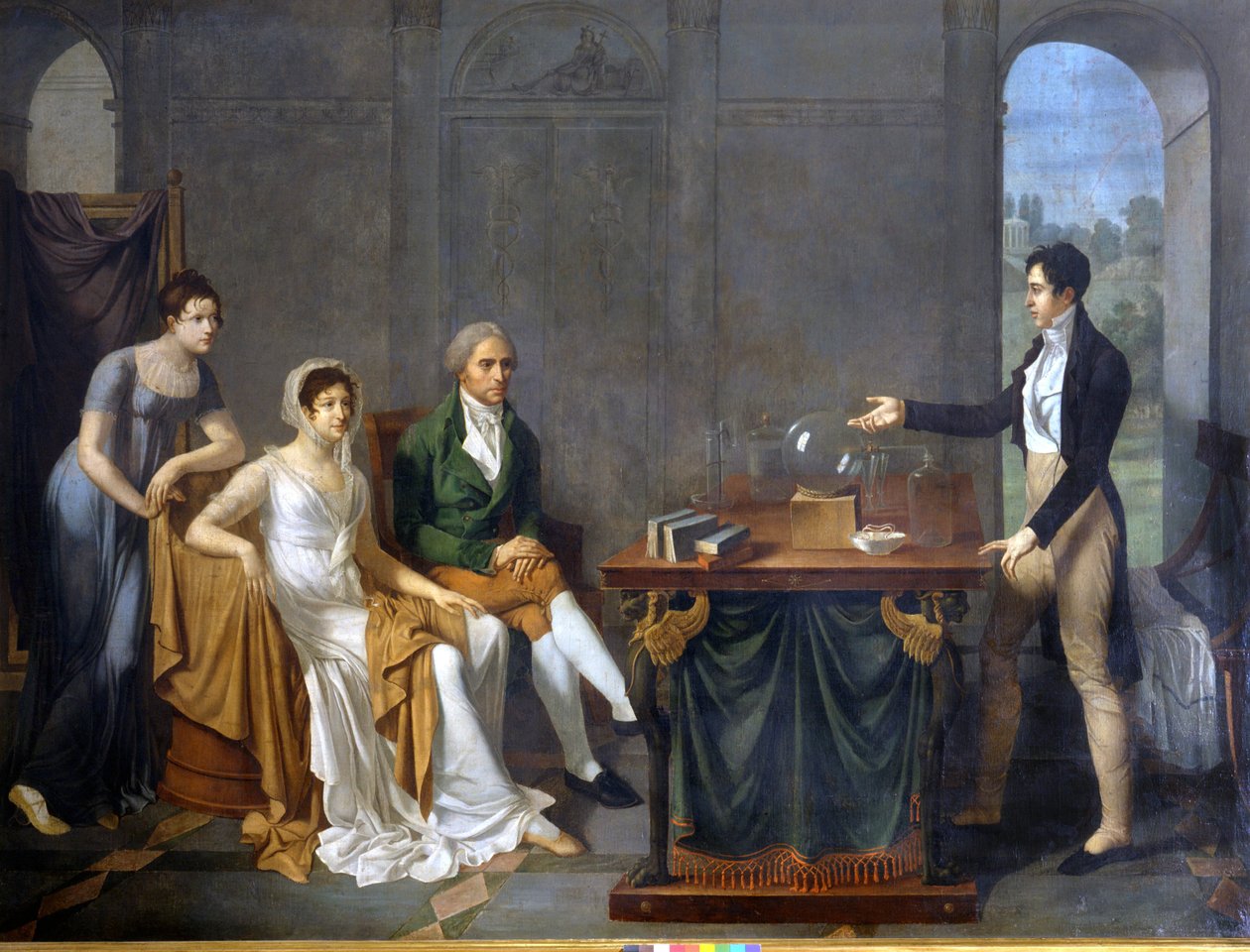 Tiedemies (todennäköisesti Alessandro (Alexandre) Volta) tekee tieteellistä koetta Melzi Derilin perheen edessä. Anonyymi maalaus. . tekijältä Anonymous Anonymous