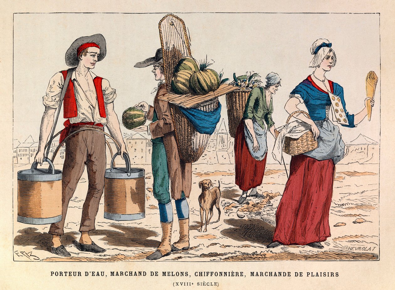 Vedenkuljettaja, melonikauppias, rätti ja huvikauppias 1700-luvulla - yksityinen kokoelma tekijältä Anonymous Anonymous
