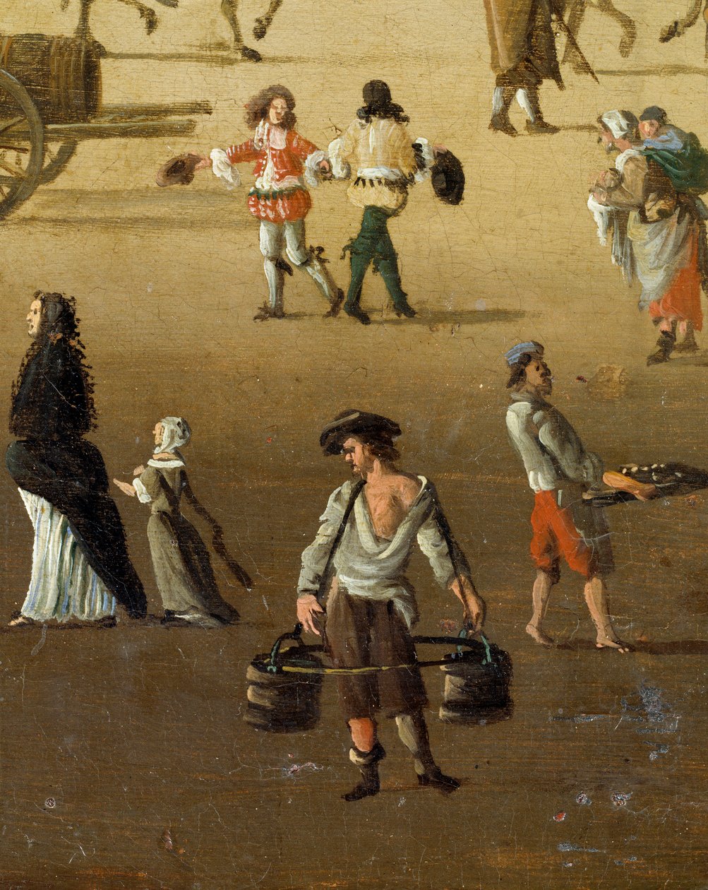 Vedenkuljetin nostaa kahta kauhaa Pont Neufilla Pariisissa 1600-luvun yksityiskohdassa. Anonyymi maalaus. Pariisi, Musee Carnavalet tekijältä Anonymous Anonymous