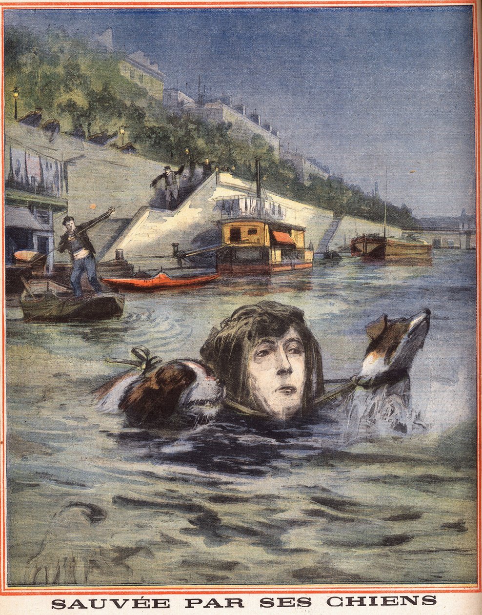 Nainen putoaa Seinen ja hänen koiransa pelastivat Pariisissa. Kaiverrus kirjassa "" Le petit parisien"" 14.8.1910. Yksityinen kokoelma. tekijältä Anonymous Anonymous