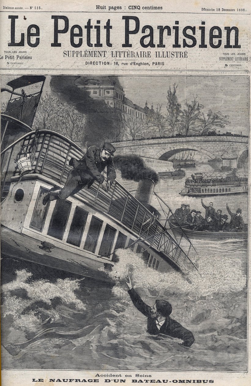 Onnettomuus Seine-joella Pariisissa - Omnibus-veneen uppoaminen: veneen miehistö hyppää Seine-jokeen pakenemaan. Le Petit Parisien, 18.12.1898. tekijältä Anonymous Anonymous