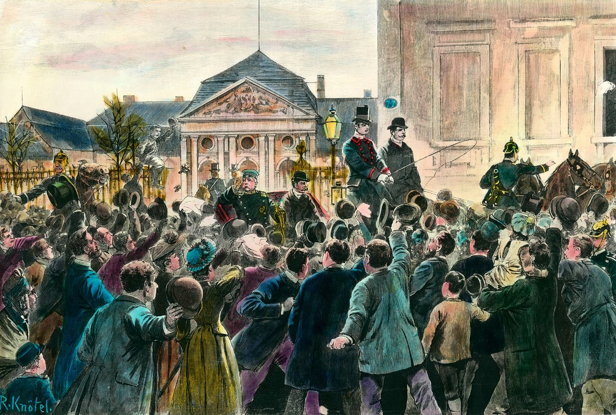 Yleisön suosionosoitus Otto von Bismarckin (1815-1898) lähtiessä virastaan ja Berliiniin 29. maaliskuuta 1890 Kaiverrus 1800-luvun lopusta. Yksityinen kokoelma tekijältä Anonymous Anonymous