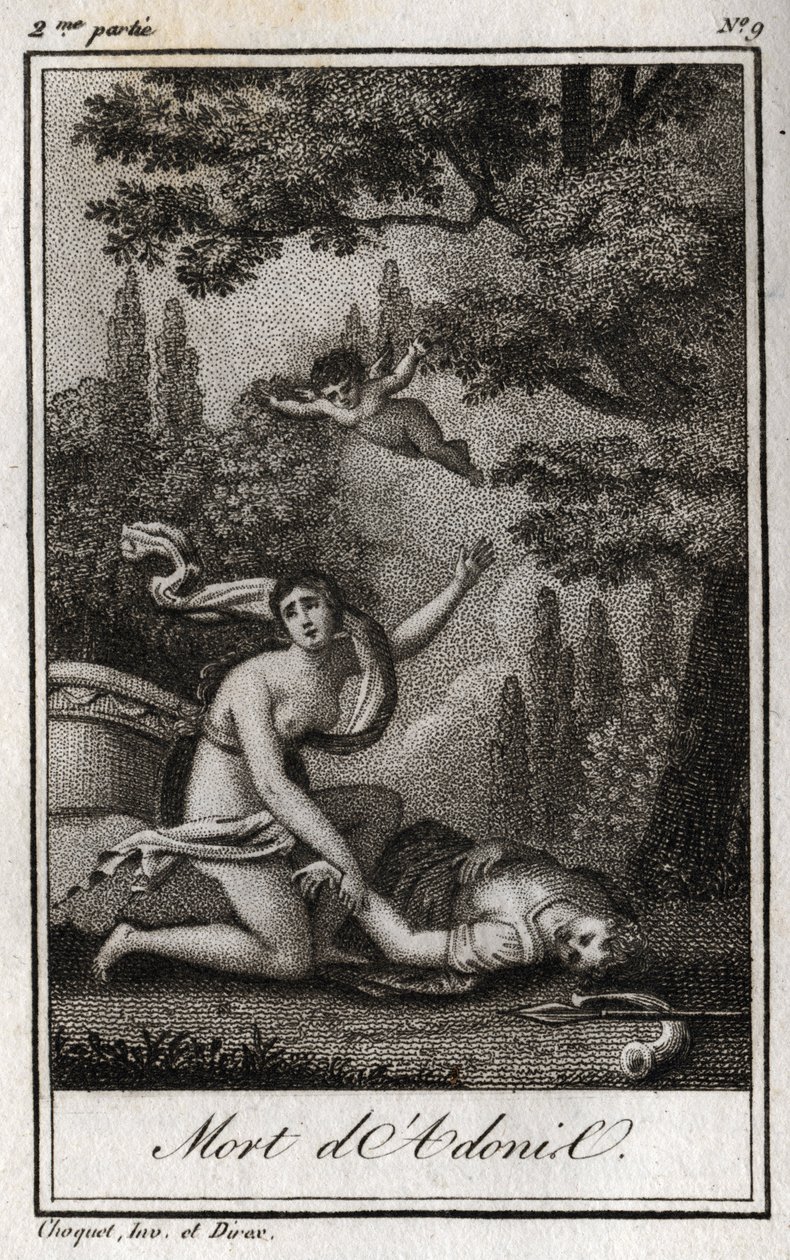 Adonisin kuolema. Kaiverrus vuodelta 1819 Charles Albert Demoustier