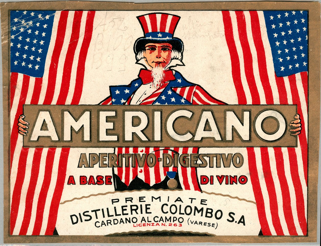 Mainos italialaisesta lyhytjuomasta Americano, allegorinen kuva Amerikasta Uncle Sam tekijältä Anonymous Anonymous