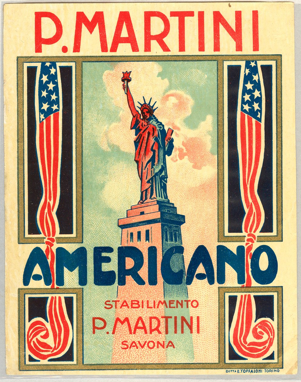 Mainos italialaisesta lyhytjuomasta Americano, amerikkalainen lippu ja vapauspatsas tekijältä Anonymous Anonymous