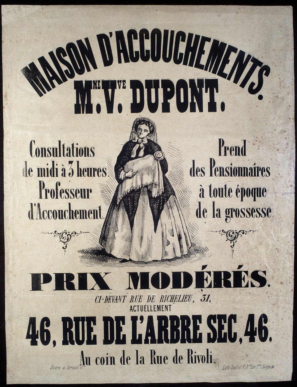 Syntymäkodin (äitiyskodin) mainonta Pariisissa vuonna 1850. Madame Dupont, halvat hinnat 46 rue de l